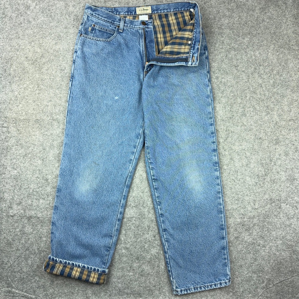 LL Bean Jeans Mens 33x30 Blue Flannel Lined Double L Relaxed Fit Cotton Denim